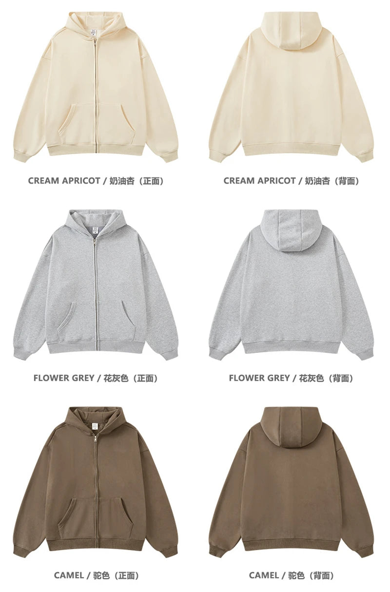 ZODF New Winter Men Zipper Fleece Hoodies Unisex Loose Heavy Weight Thick Warm Basic 420gsm Hooded Coats Hoodie HY0747