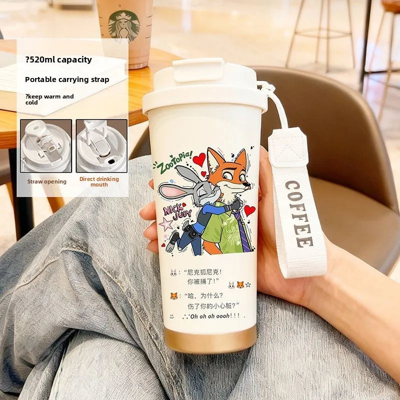 Disney Zootopia Coffee Mug Judy Nick 520ML 304 Stainless Insulated Cup Cartoon Thermos Cup Kids Student Water Cup Holiday Gift