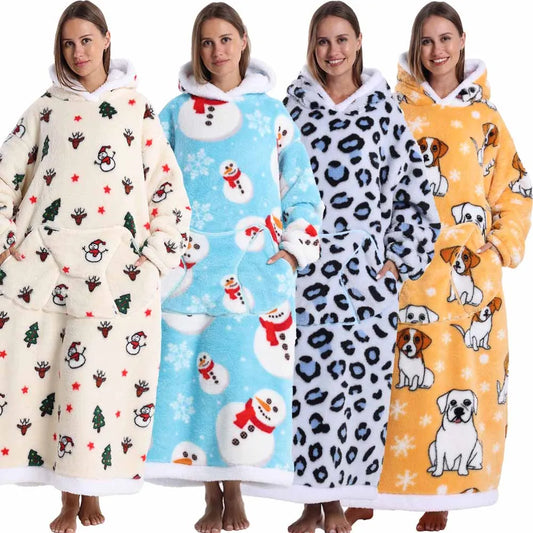 Oversized Blanket Hoodie for Adults Blue Leopard Cartoon Long Plush Thick Wearable Blanket with Sleeves Women Man Winter Clothes