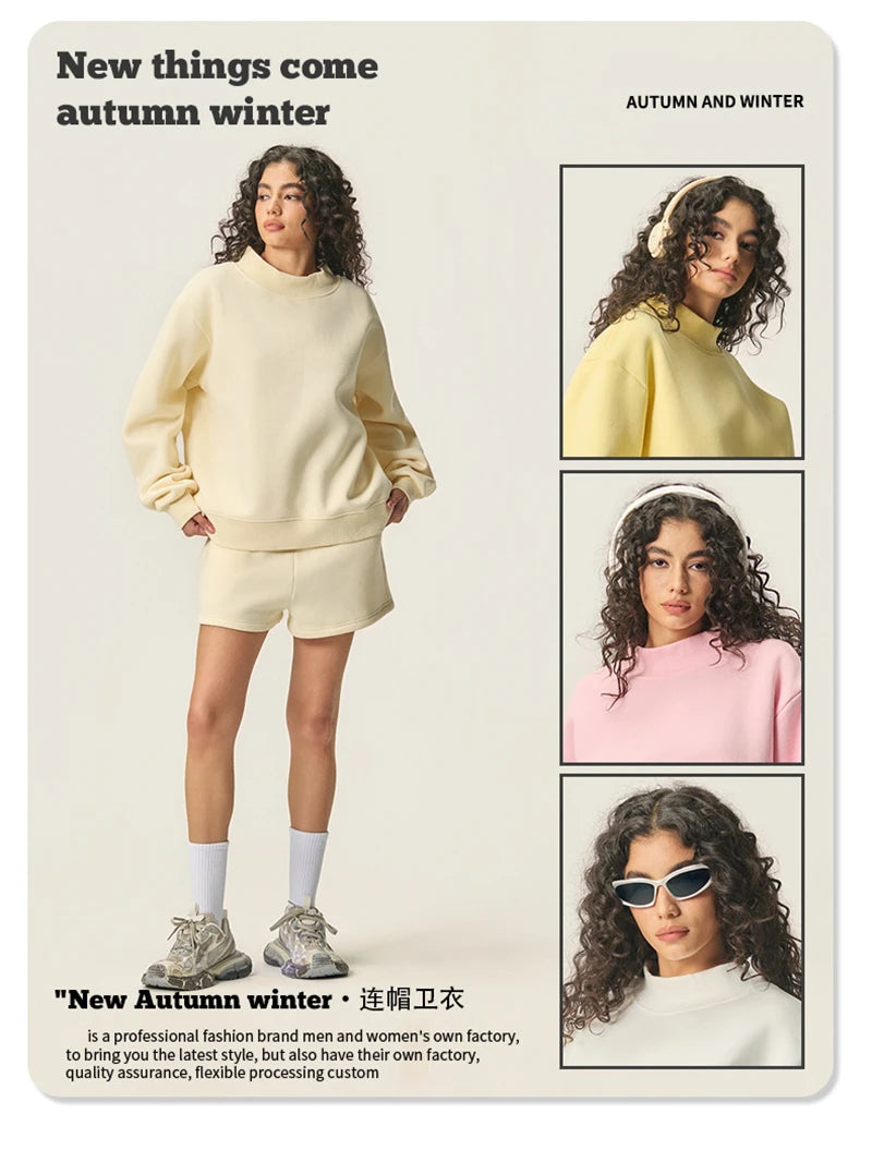 ZODF 2025 Winter Women 350gsm Warm Fleece Sweatshirts Girls Female Hip Hop Half Turtleneck Pullovers Brand Clothing HY056