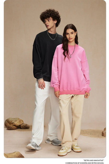 ZODF 2024 Autumn Men's Washed Sweatshirt Unisex Women Retro Solid 430gsm Terry Cotton O Neck Pullovers Coat HY0880