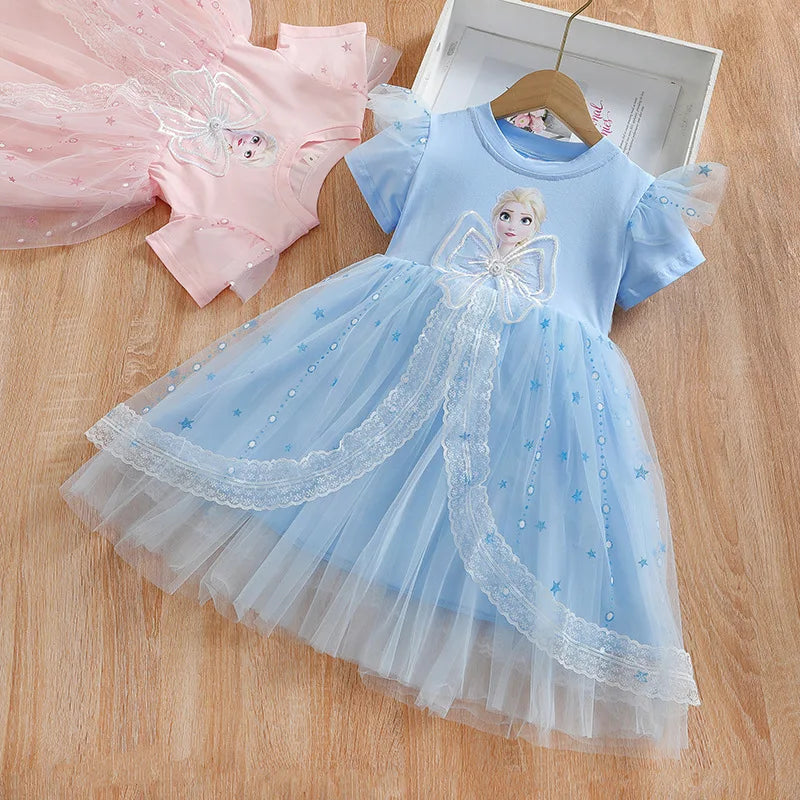 MINISO Girls Dress Blue Toddler Girl Mesh Lace Dress Summer Infant Fuffy Tulle Tutu Frozen Princess Dress 2 to 3 4 5 6 7 8Years