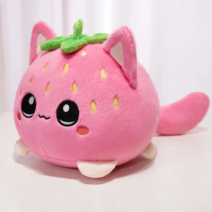 Kawaii Strawberry Cat Plush Toy Cute Pink Cat Stuffed Animal Cuddly Doll Soft Cartoon Plushies Birthday Gift for Girl Home Decor