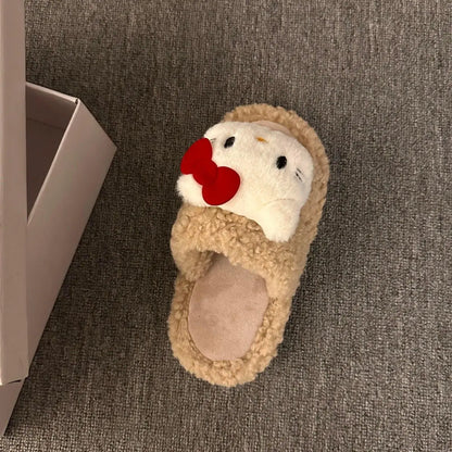 New Sanrio Sweet Hello Kitty Warm Cotton Slippers For Student Dormitory Comfortable One Word Hairy Adult Cotton Slippers