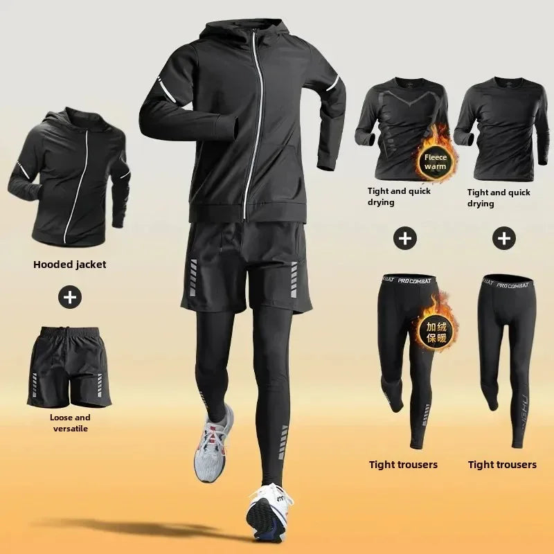 Men’s Winter Fleece-Lined Quick-Dry Warm-Up Sports Set for Running Cycling Fitness Training - 6-pcs set / XXXL