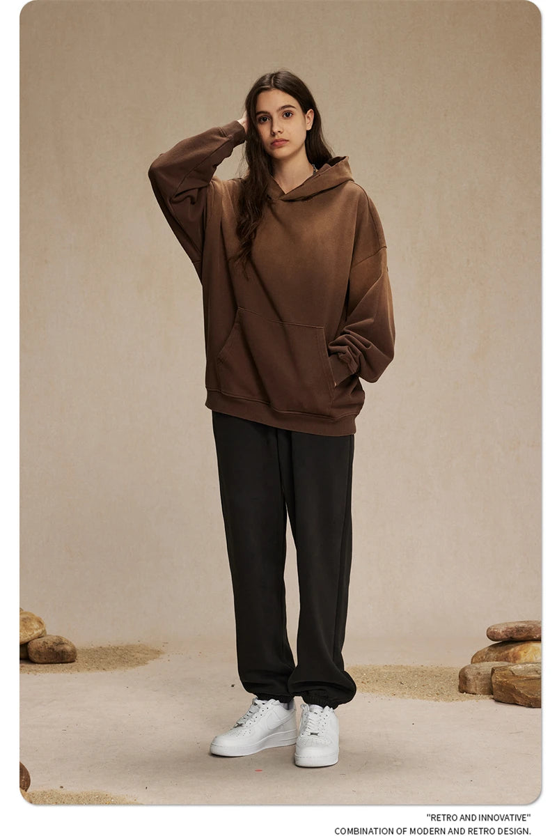 ZODF Retro Men's Heavyweight Gradient Washed Hoodies Unisex Loose Distressed Holes 450gsm Knitted Hooded Pullovers HY0891