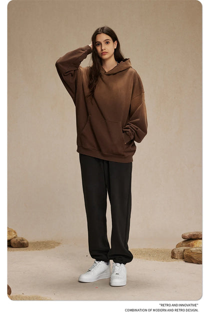 ZODF Retro Men's Heavyweight Gradient Washed Hoodies Unisex Loose Distressed Holes 450gsm Knitted Hooded Pullovers HY0891