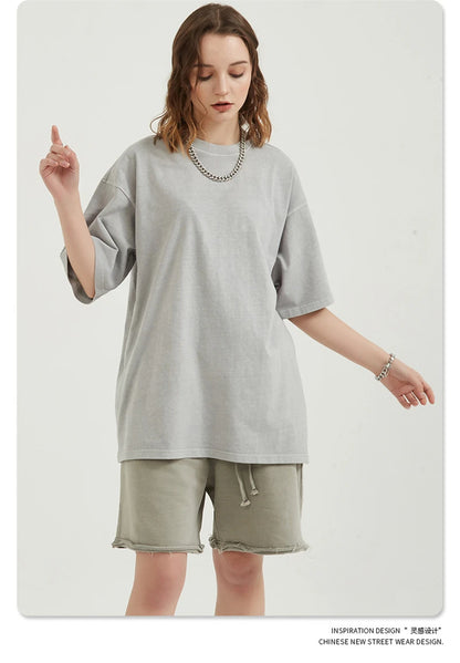 ZODF Men 2024 Retro Summer Washed Solid Cotton T-Shirts Unisex Retro Loose High Street 250gsm Basic Tees Streerwears HY0075