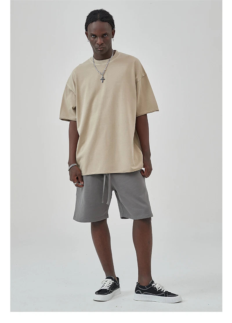 ZODF 2025 High Street Men Batik Washed Solid T Shirts Unisex Summer Loose Edge Noshrink 275gsm Cotton T-Shirt Streetwears HY0466