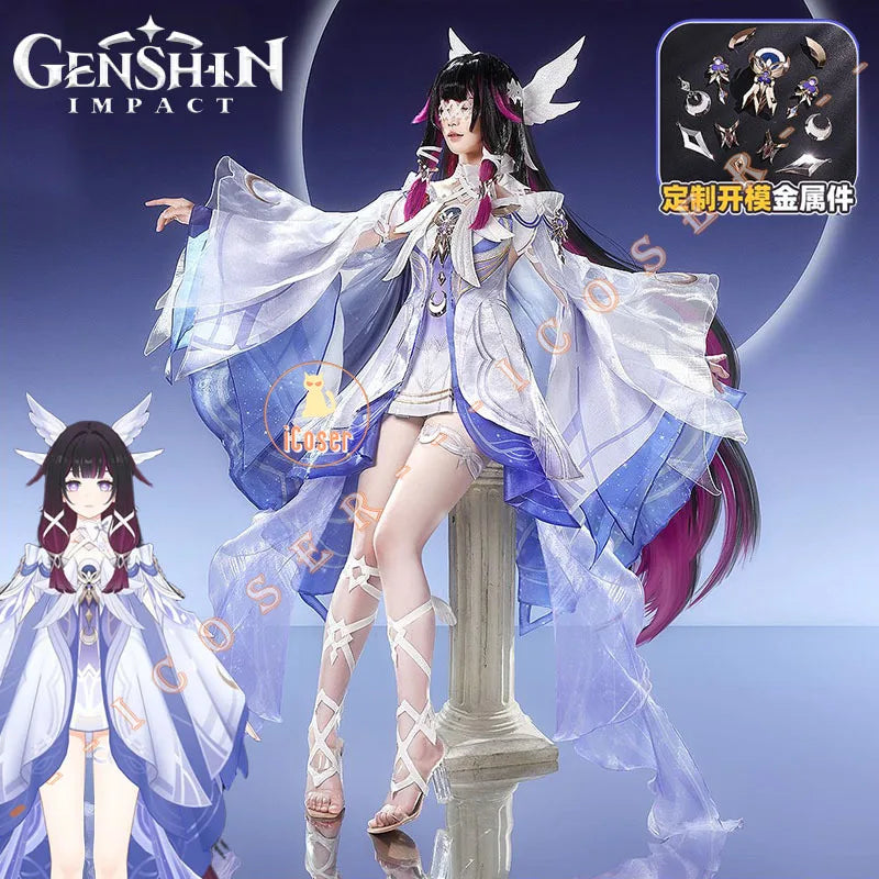 Genshin Impact Columbina Cosplay Costume Wig The Damselette Dress Eye Mask Headwear Metal Props Eleven Fatui Harbingers Women