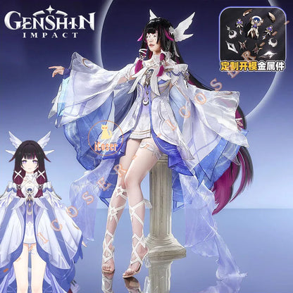 Genshin Impact Columbina Cosplay Costume Wig The Damselette Dress Eye Mask Headwear Metal Props Eleven Fatui Harbingers Women