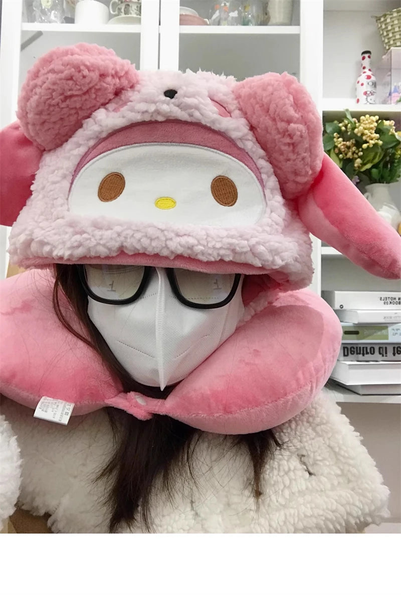 Stuffe Anime Hooded U-shaped Neck Pillow Hello Kitty Kuromi My Melody Travel Blackout Neck Pillow Office Nap Pillow Girl
