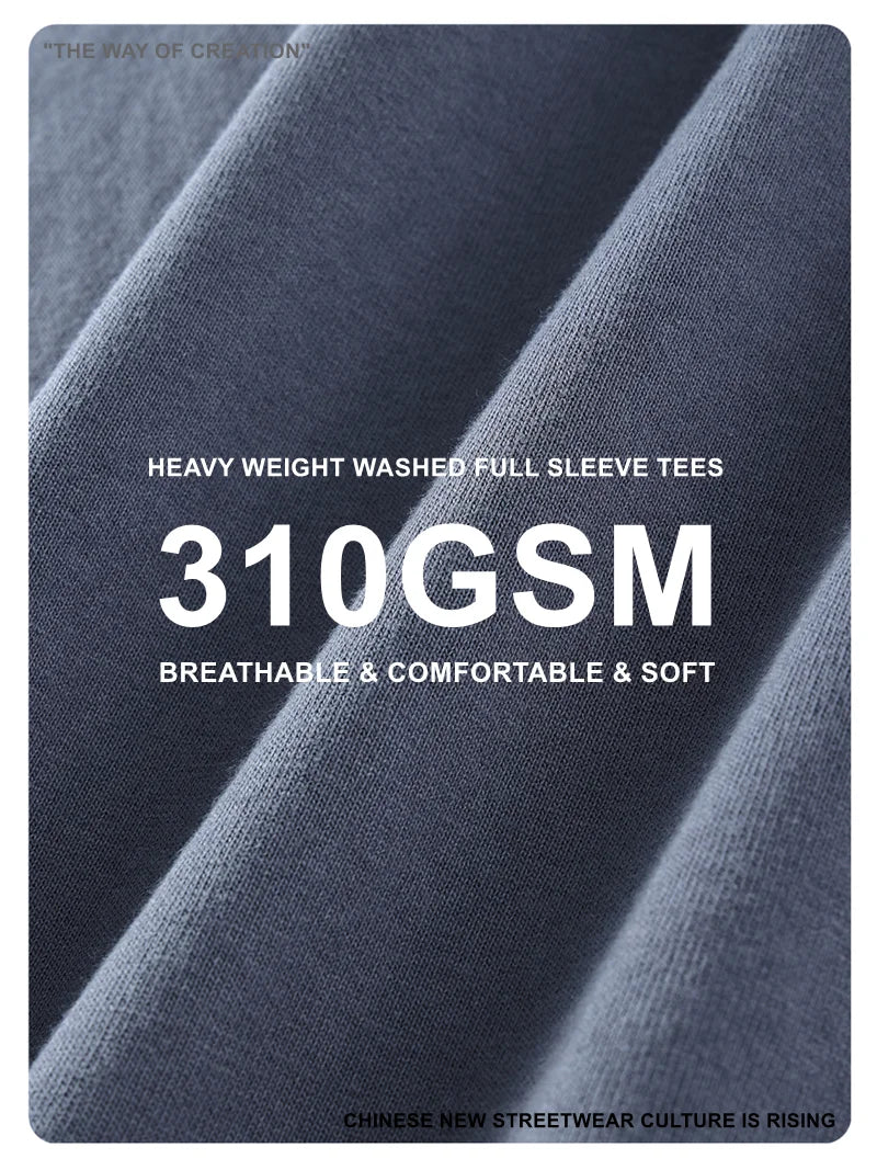 ZODF Retro Autumn Full Sleeve Washed 100% Cotton T-Shirts For Men Unisex Solid Casual Loose 310gsm Tee Brand Tops HY0405