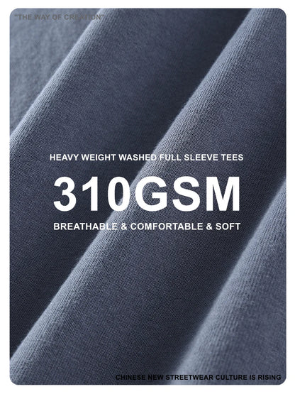 ZODF Retro Autumn Full Sleeve Washed 100% Cotton T-Shirts For Men Unisex Solid Casual Loose 310gsm Tee Brand Tops HY0405