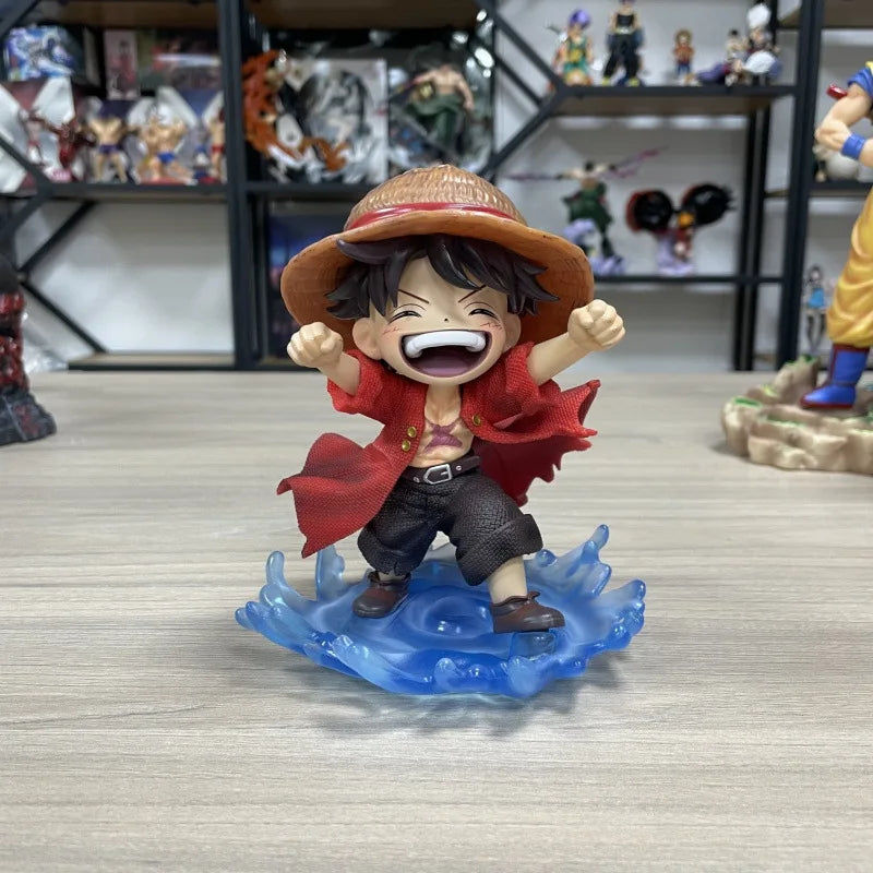 16cm One Piece Luffy Childhood Figure Shuiyue Style Laughing Expression Blue Water Effect Base PVC Anime Desk Decor Gift For Fan