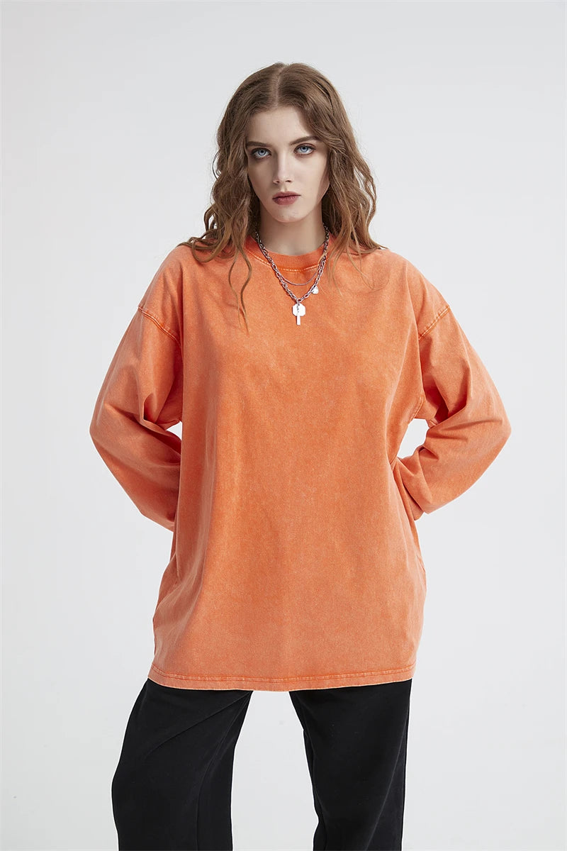 ZODF Retro Men Long Sleeve Washed Cotton T Shirt Unisex Loose 250gsm Basic Atumn TEES Tops Brand Streetwears HY0394