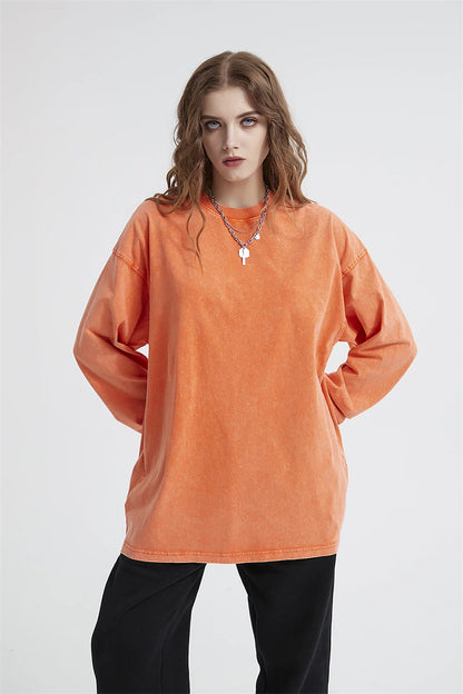 ZODF Retro Men Long Sleeve Washed Cotton T Shirt Unisex Loose 250gsm Basic Atumn TEES Tops Brand Streetwears HY0394