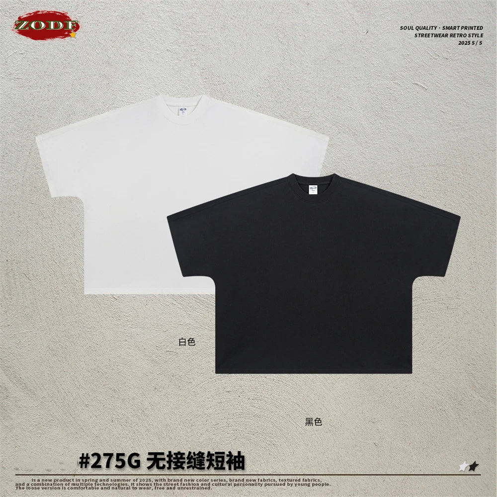 ZODF Trendy 2025 Summer Men’s 275gsm Cotton Seamless Oversized O-Neck Casual T-Shirt HY1030