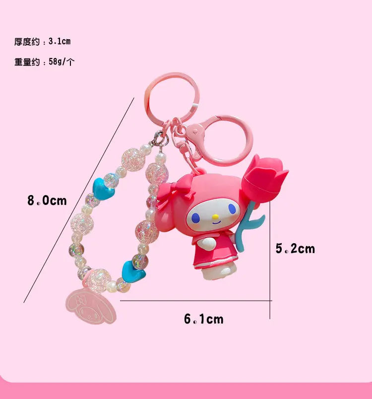 Sanrio Cartoon Animal Kuromi Pompom Purin Cinnamoroll Melody Pachacoo Pendant Keychain Key Ring Action Figure Model Toy Gifts