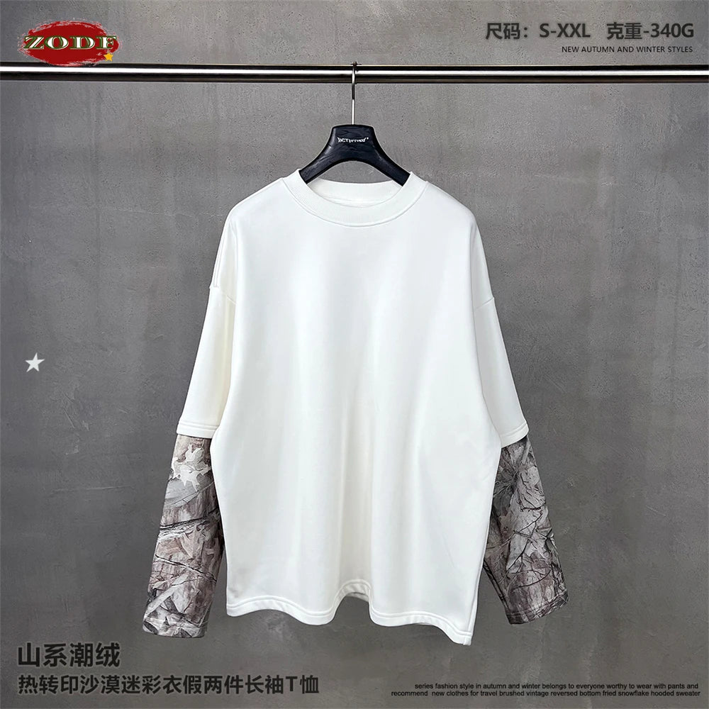 ZODF New Autumn Man Heat Transfer Printing T-Shirt Unisex Oversized 340gsm Fake 2-Piece Long Sleeve T Shirts Brand Tops HY1113