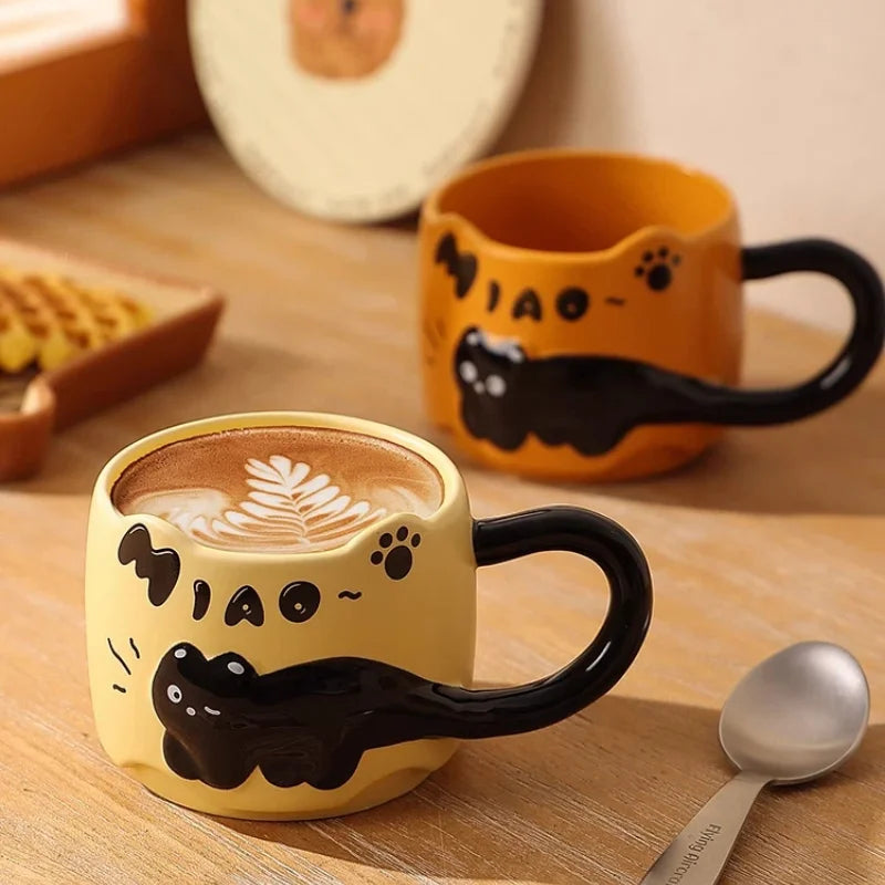 Cat Stacking Mug Creative Cute Cartoon Cat Ceramic Coffee Cup Fun Cat Tail Integrated Handle Cup Couple Water Cup Birthday Gift