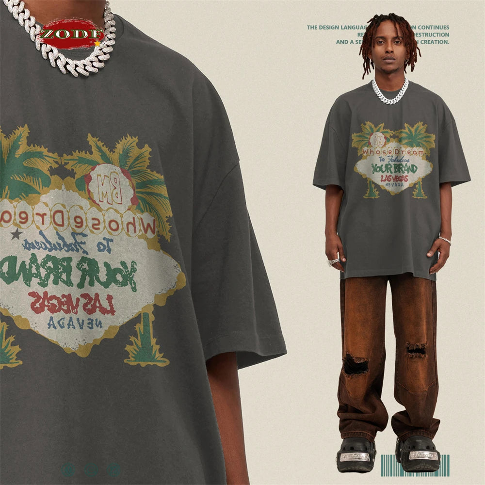 ZODF New Men High Street Washed T-Shirts Unisex Loose Tree Printing 285gsm Cotton O Neck T Shirt For Summer HY0512