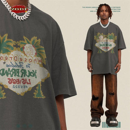 ZODF New Men High Street Washed T-Shirts Unisex Loose Tree Printing 285gsm Cotton O Neck T Shirt For Summer HY0512