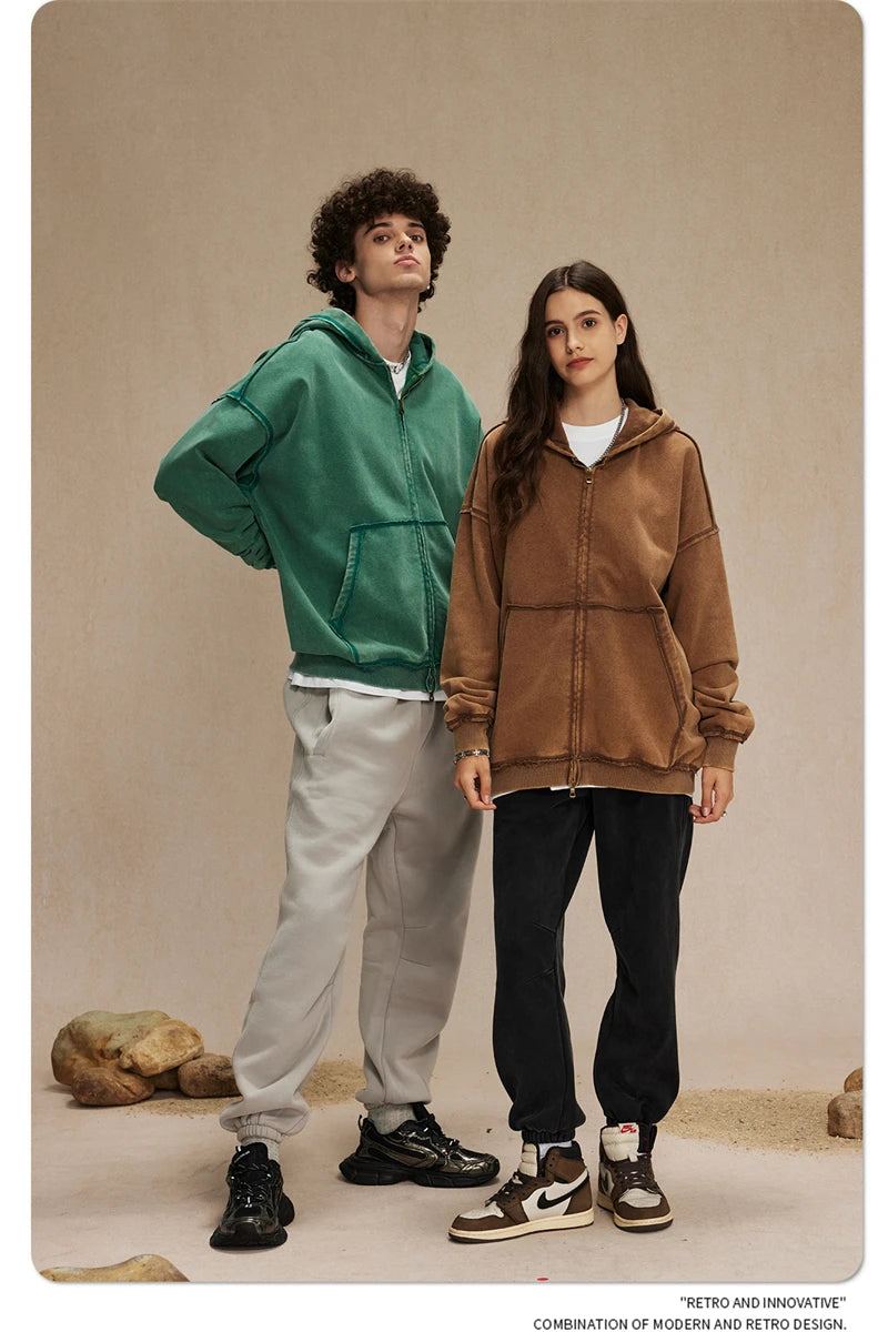 ZODF Retro Men's Heavyweight 450gsm Zipper Hoodies Unisex Loose Distressed Washed Batik Knitted Hooded Coat Jacket HY0889