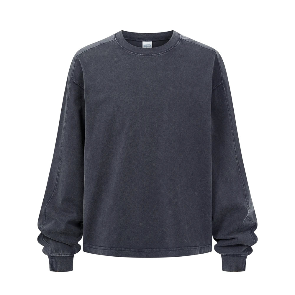 ZODF Retro 285gsm Batik Washed Cotton Man's T-Shirts Unisex Solid Loose Distressed Patchwork Full Sleeve Tee Shirt Tops HY1161