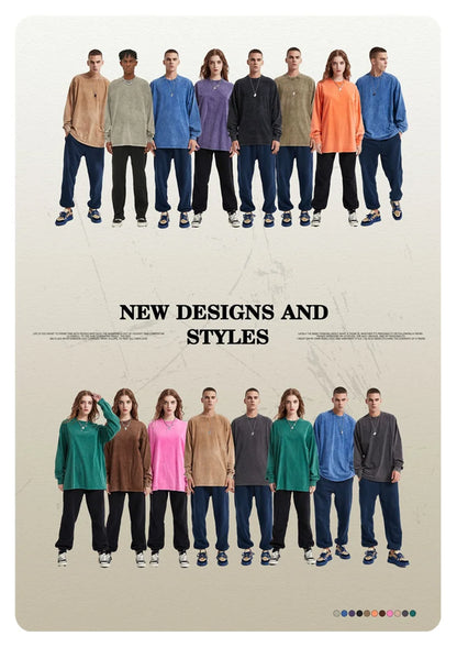 ZODF Retro Men Long Sleeve Washed Cotton T Shirt Unisex Loose 250gsm Basic Atumn TEES Tops Brand Streetwears HY0394