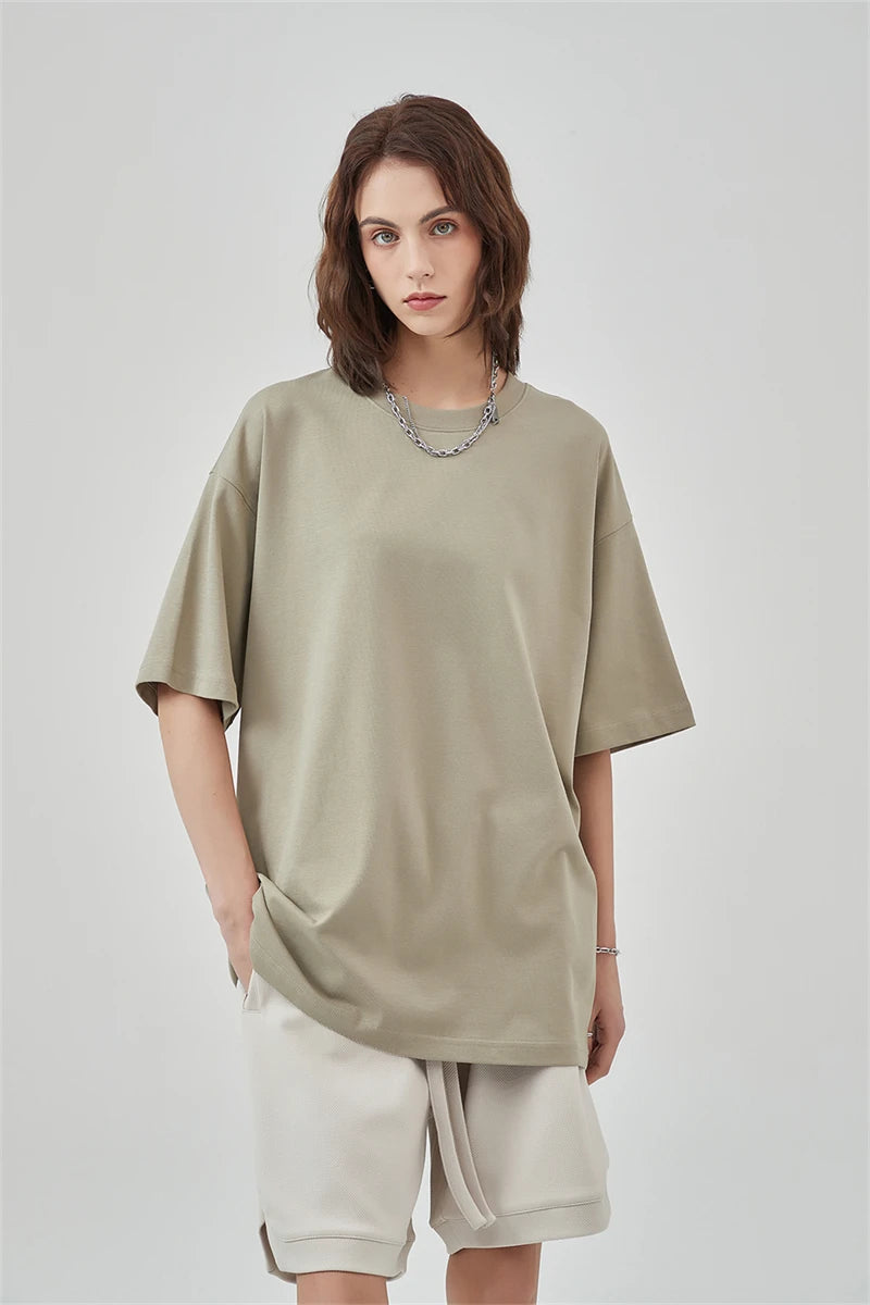 ZODF New Summer Men 275gsm Cotton T Shirts Unisex Women High Street Oversized FG Noshrink Solid T-Shirt Streetwears HY0152