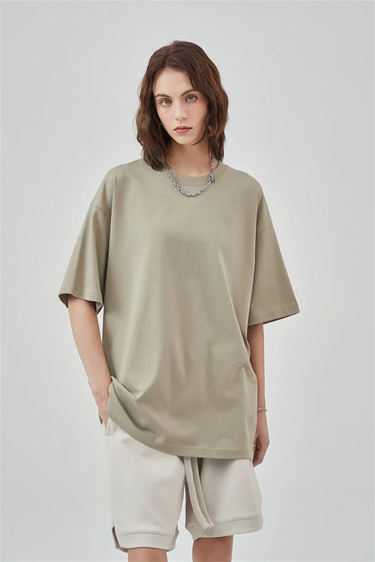 ZODF New Summer Men 275gsm Cotton T Shirts Unisex Women High Street Oversized FG Noshrink Solid T-Shirt Streetwears HY0152