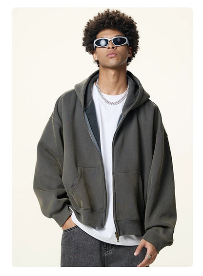 ZODF Retro Winter 350gsm Washed Zipper Fleece Hoodies For Men Unisex Loose Fit Boxy Style Thick Warm Hooded Coat Outfits HY0042