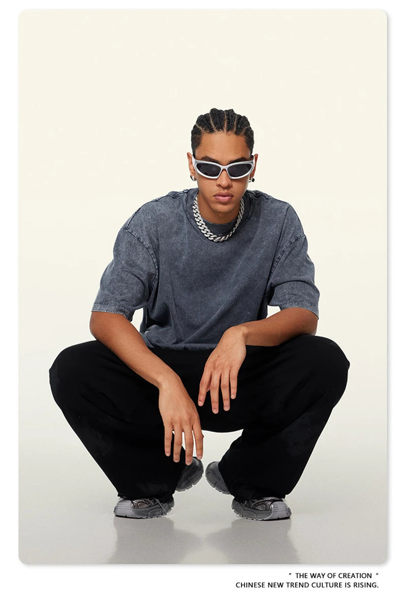 ZODF New Summer Men Washed Batik Cotton T Shirts Unisex American Retro High Street 270gsm Short Sleeve Tees Streetwear HY0489