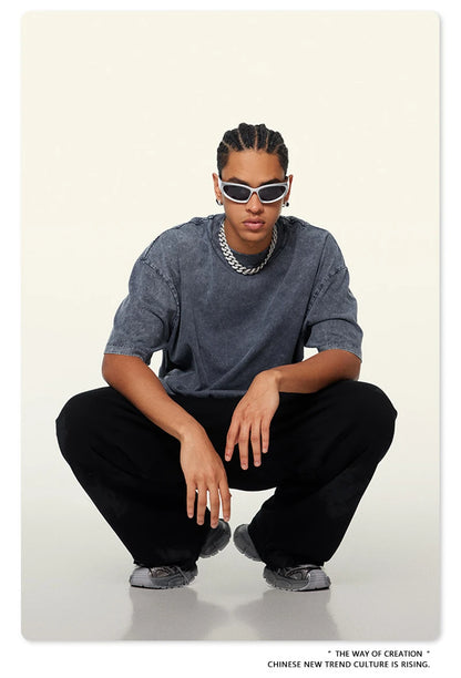 ZODF New Summer Men Washed Batik Cotton T Shirts Unisex American Retro High Street 270gsm Short Sleeve Tees Streetwear HY0489