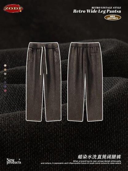 ZODF Retro Autumn Winter 420gsm Batik Washed 100% Cotton Loose Straight Pants for Men Unisex Streetwear HY0937