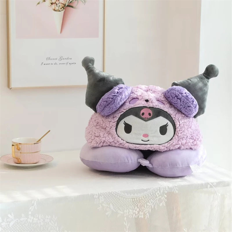 Stuffe Anime Hooded U-shaped Neck Pillow Hello Kitty Kuromi My Melody Travel Blackout Neck Pillow Office Nap Pillow Girl