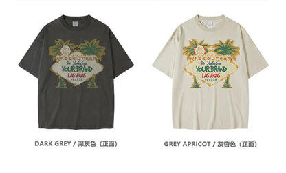 ZODF New Men High Street Washed T-Shirts Unisex Loose Tree Printing 285gsm Cotton O Neck T Shirt For Summer HY0512