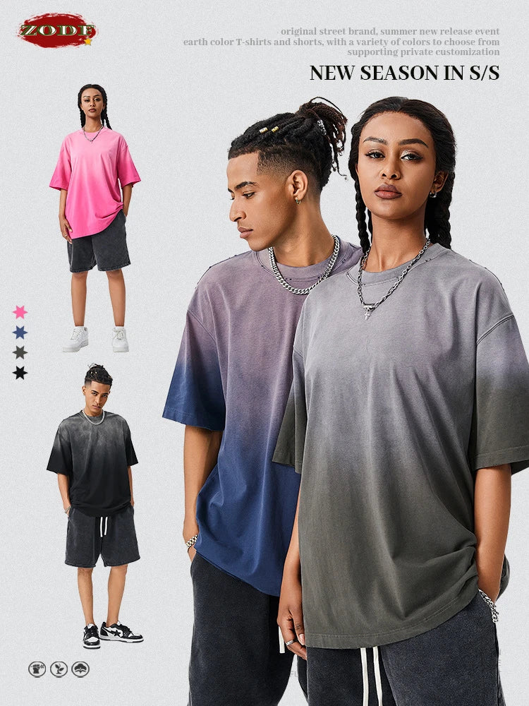 ZODF New Men's Summer Washed Gradient Cotton T-Shirts Unisex Women Retro Distressed 310gsm Ripped T Shirt Brand Tops HY0859