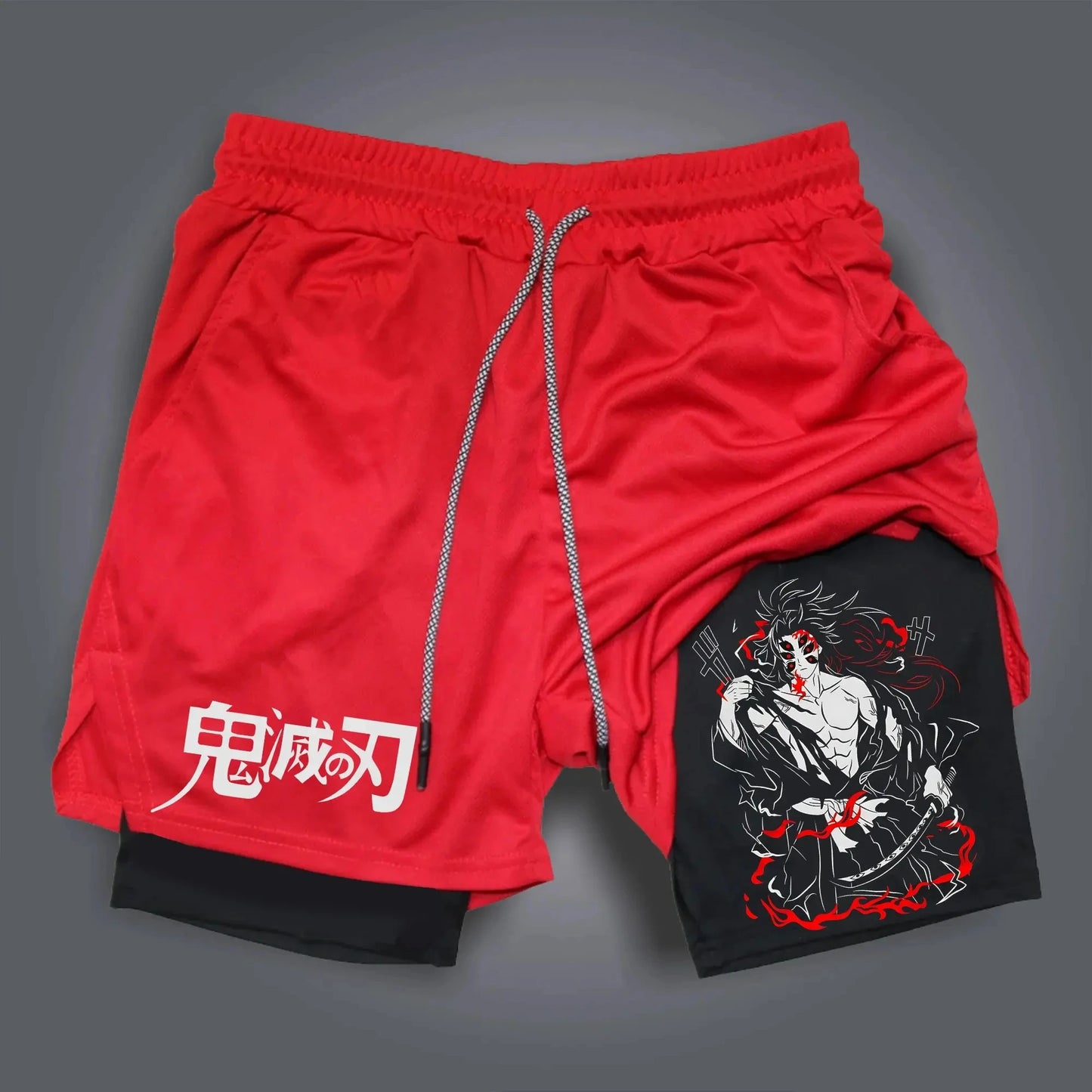 Summer Fashion Men Gym Shorts Demon Slayer Anime Quick Dry Double-layer Sports Pants Streetwear Sportswear Fitness Beach Pants