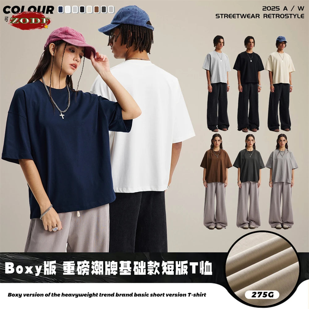 ZODF New Men Summer Boxy 275gsm Cotton T-Shirts Retro Unisex Oversized Short Version Basic T Shirt Brand Tees HY1070