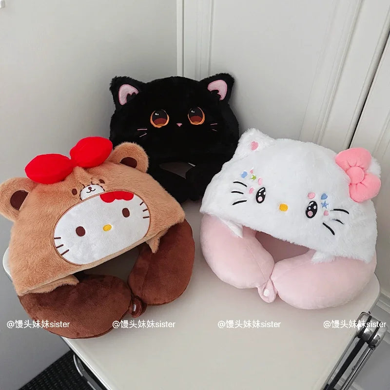 Kawaii Hello Kitty Neck Support Pillow with Hat Soft Plush Travel U-Shaped Pillow Nap Sleeping Cartoon Comfortable Journeys Girl