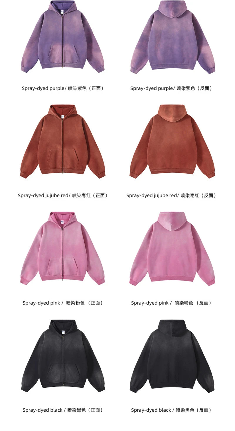 ZODF Retro Winter Men Spray-Dyed Zipper Hoodies Unisex Loose 360gsm Zipper Fleece Hooded Sweatshirt Pullovers Coats HY0719