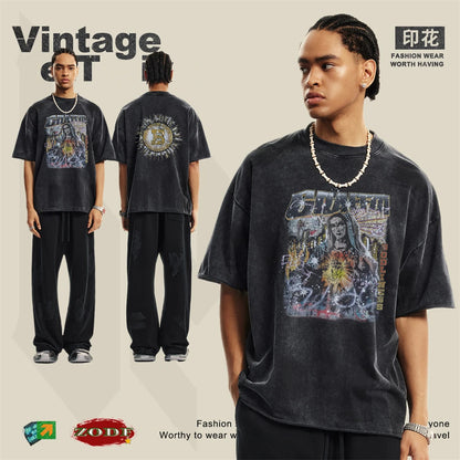 ZODF 2024 Summer 310GSM Cotton T-Shirts For Men Unisex Washed Comfortable High Street Printing T Shirt Tees HY0463