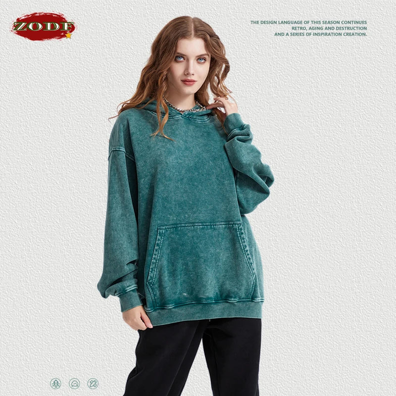 ZODF Autumn Winter Men 420gsm Heavyweight Washed Cotton Hoodie Streetwear Sweatshirt HY0307
