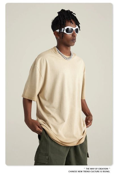 ZODF 2023 Men's Summer 255G Wash Gradient Fried Cotton T Shirt Round Neck Short Sleeve American Retro Loose T-Shirt HY0547