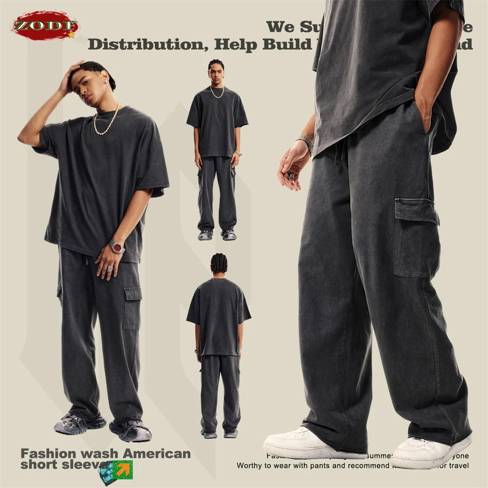 ZODF New 2024 Spring Summer 358gsm Cotton Cargo Pants For Men Unisex Casual Washed Straight Multi-Pockets Loose Trousers HY0829