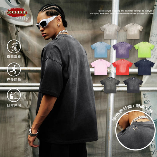 ZODF 2024 Summer Men Washed Gradient T-Shirts Unisex Women Distressed 250gsm Cotton T Shirt Brand Tees Streetwears HY0814