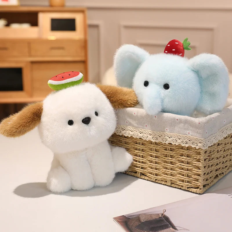 20cm Summer Fruit Decor Kawaii Animal Stuffed Toys Cute Squatting Cow Elephant Dog Bear Plushies Soft Huggable Gift For Girl