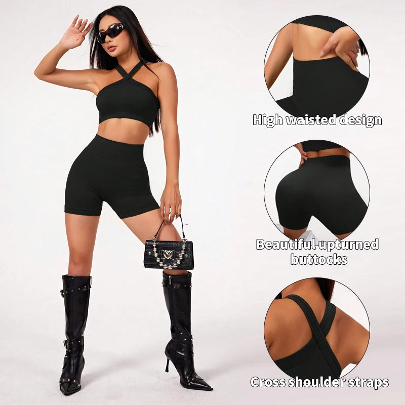 2pcs Women’s High Waist Yoga Set Seamless Strappy Sports Bra & Shorts Gym Workout Clothes